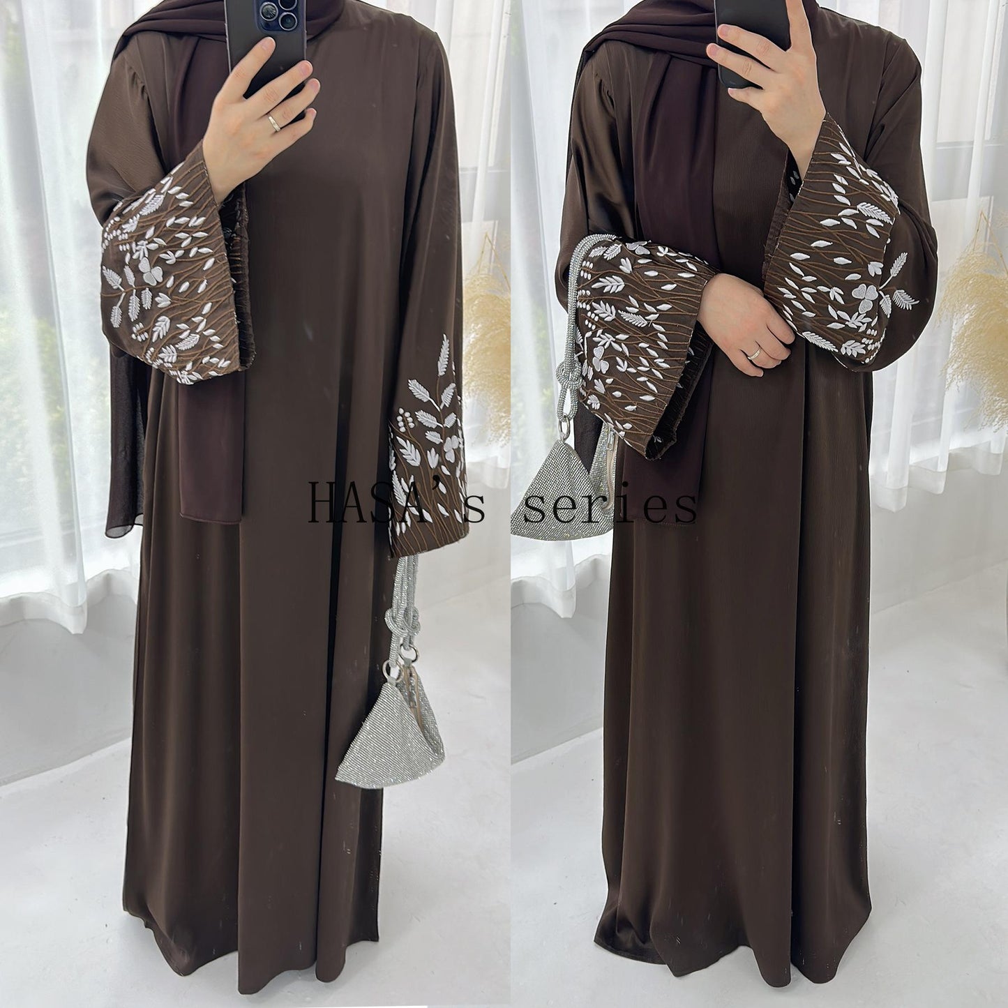 LUMAYA4832 A Long Robe with Leaf-patterned Embroidery, Showcasing Subtle Yet Exquisite Texture.