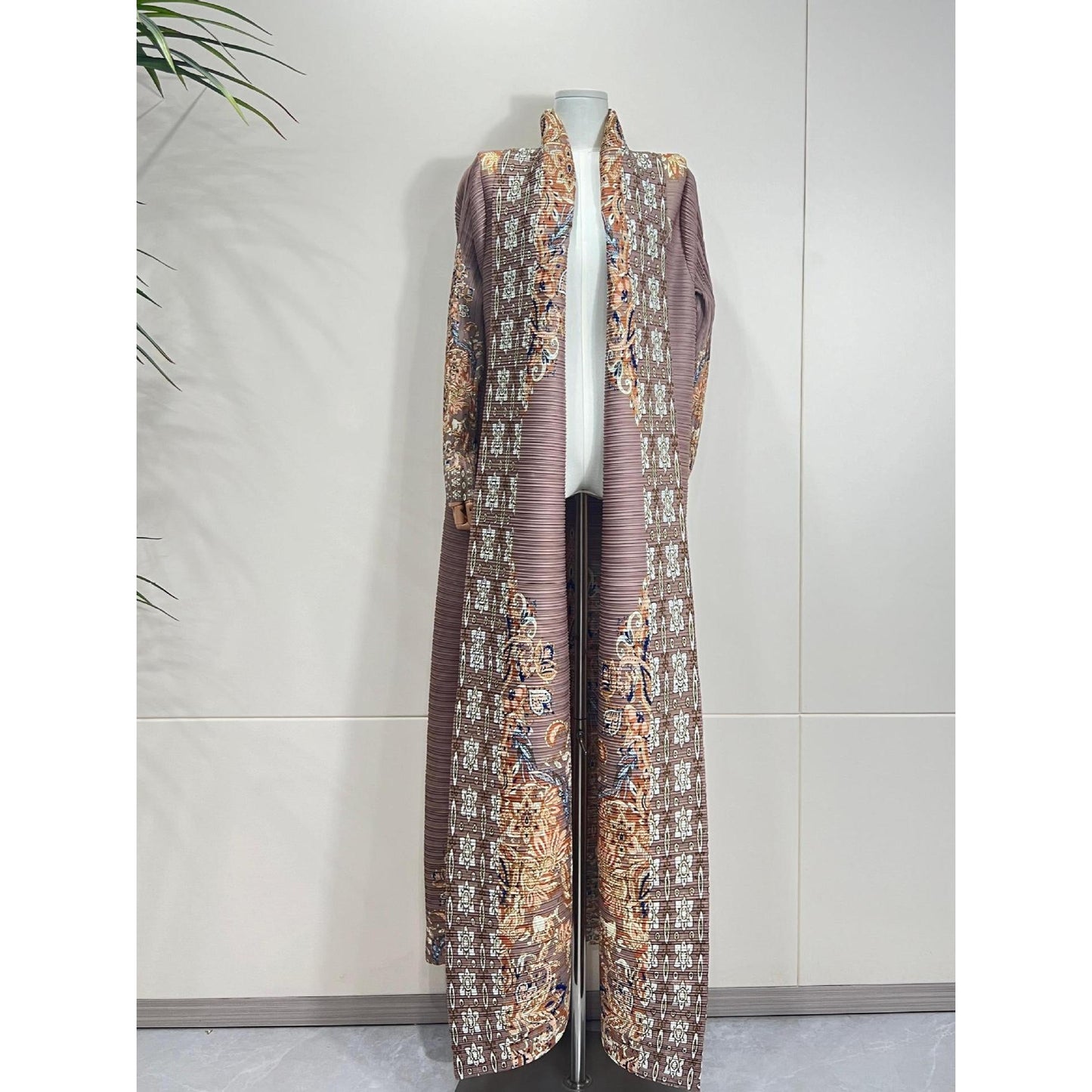 LUMAYA6715 Timeless Taupe  Elevated Abaya with Luxurious Patterned Details