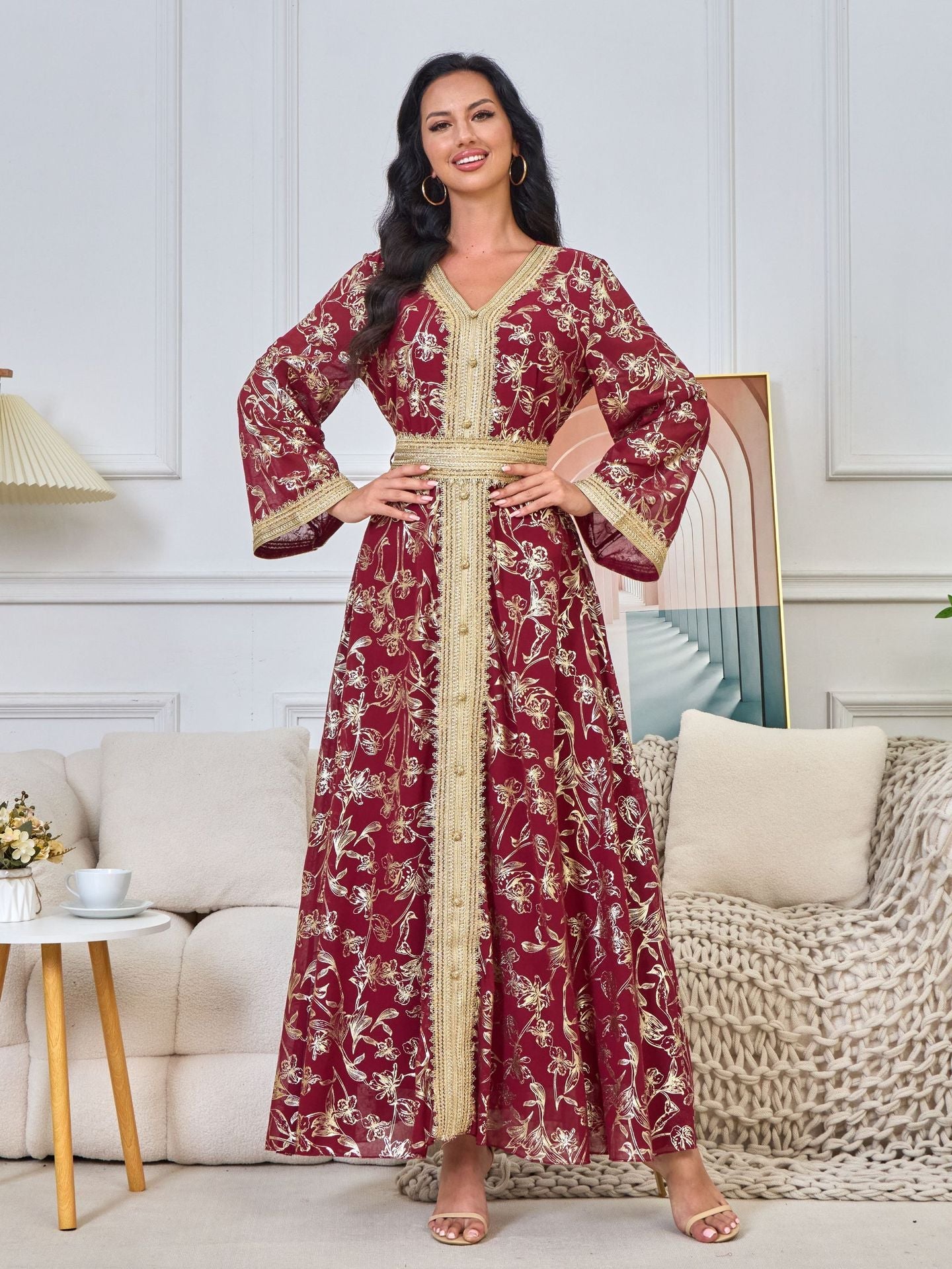 LM1249 Elegant Floral Abaya with Golden Detailing