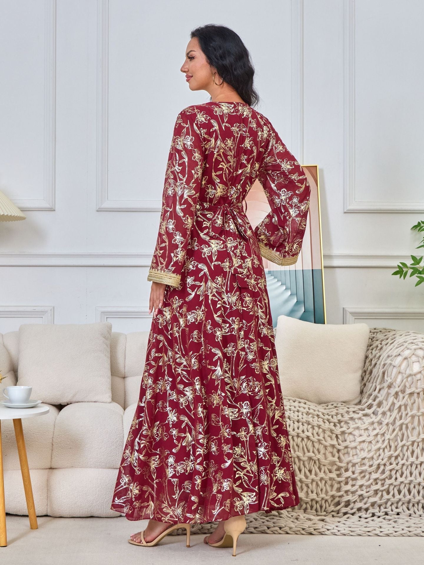 LM1249 Elegant Floral Abaya with Golden Detailing