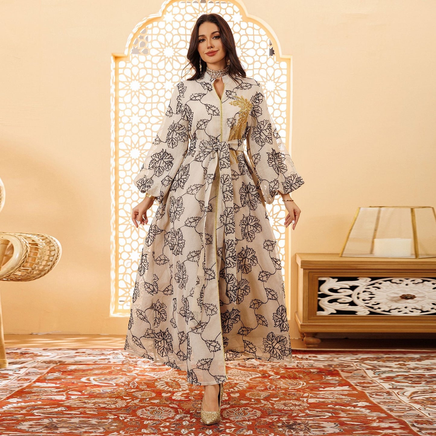 LM6651  Floral Print Long Dress, Elegant Stand-up Collar Evening Gown