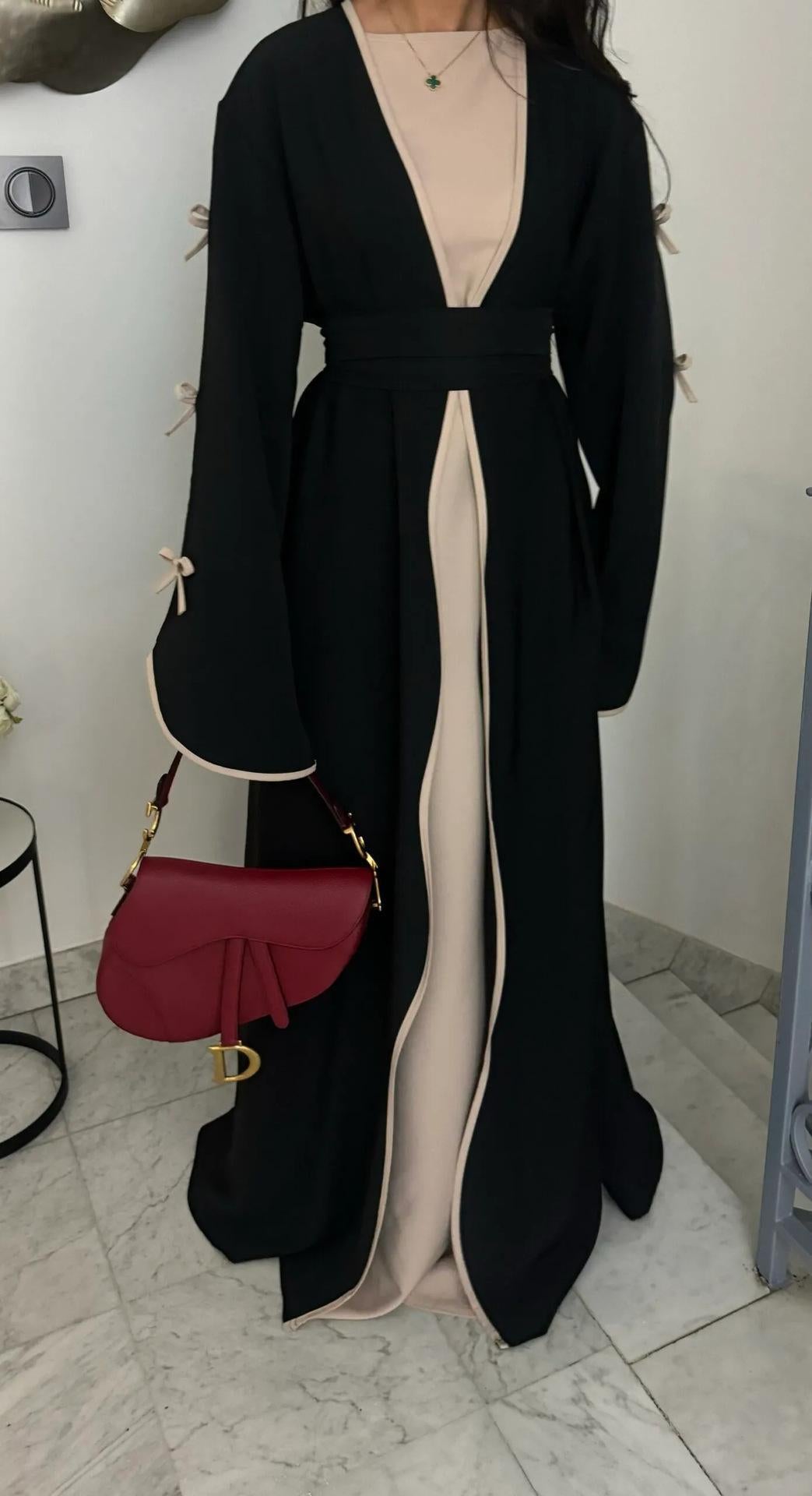 LUMAYA5883  A Two-piece Robe and Skirt Set with A Soft Bow and A Belt Design open abaya outfit