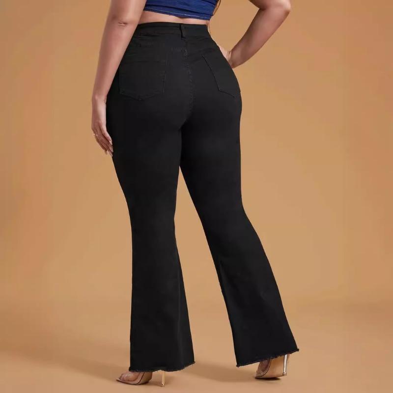 LUMAYA2331 Plus Size Black Stretchy Frayed-hem Wide-leg Flare Jeans