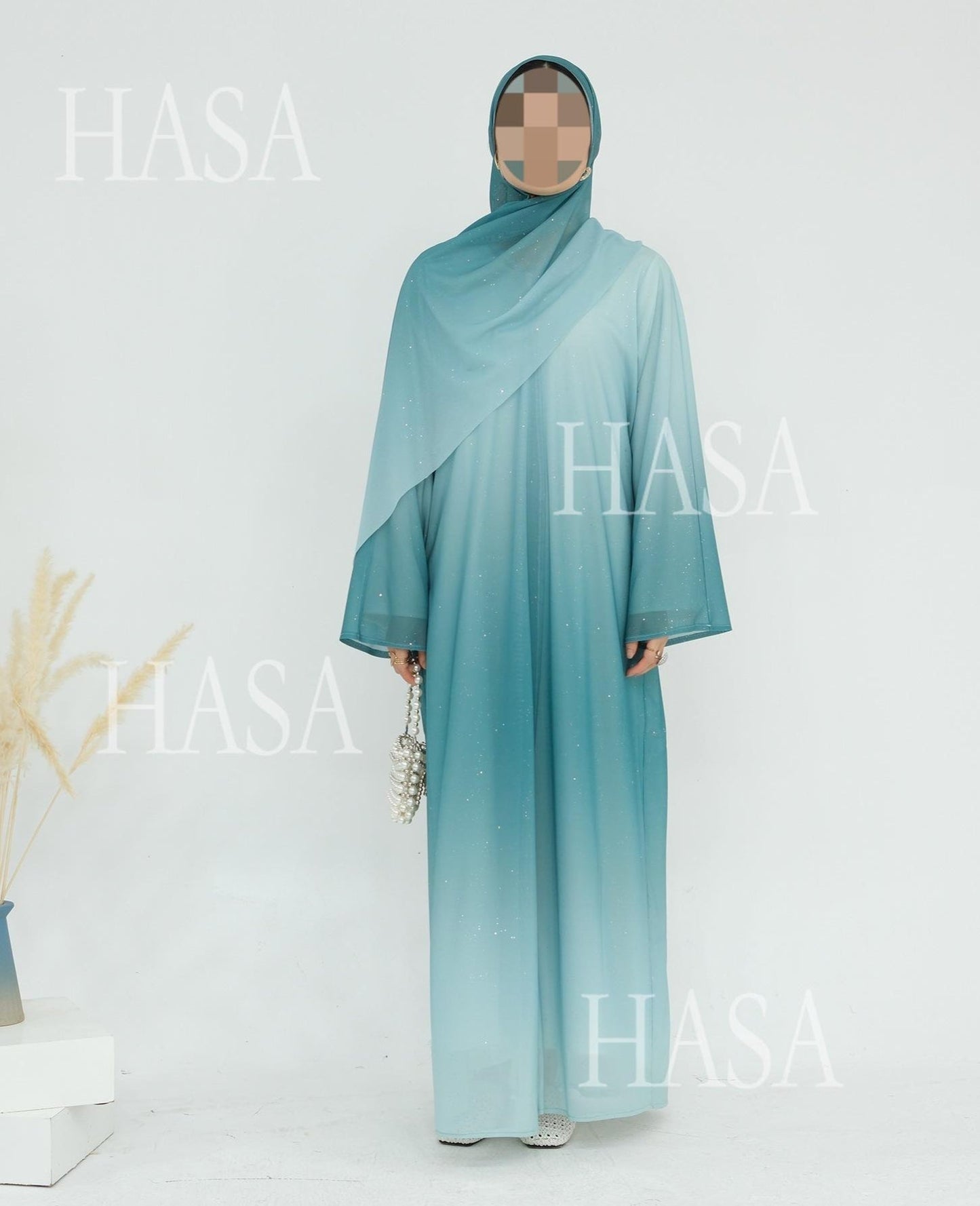 LM6617 Gradient Color Long Cardigan Two-Piece Set (Including Headscarf)