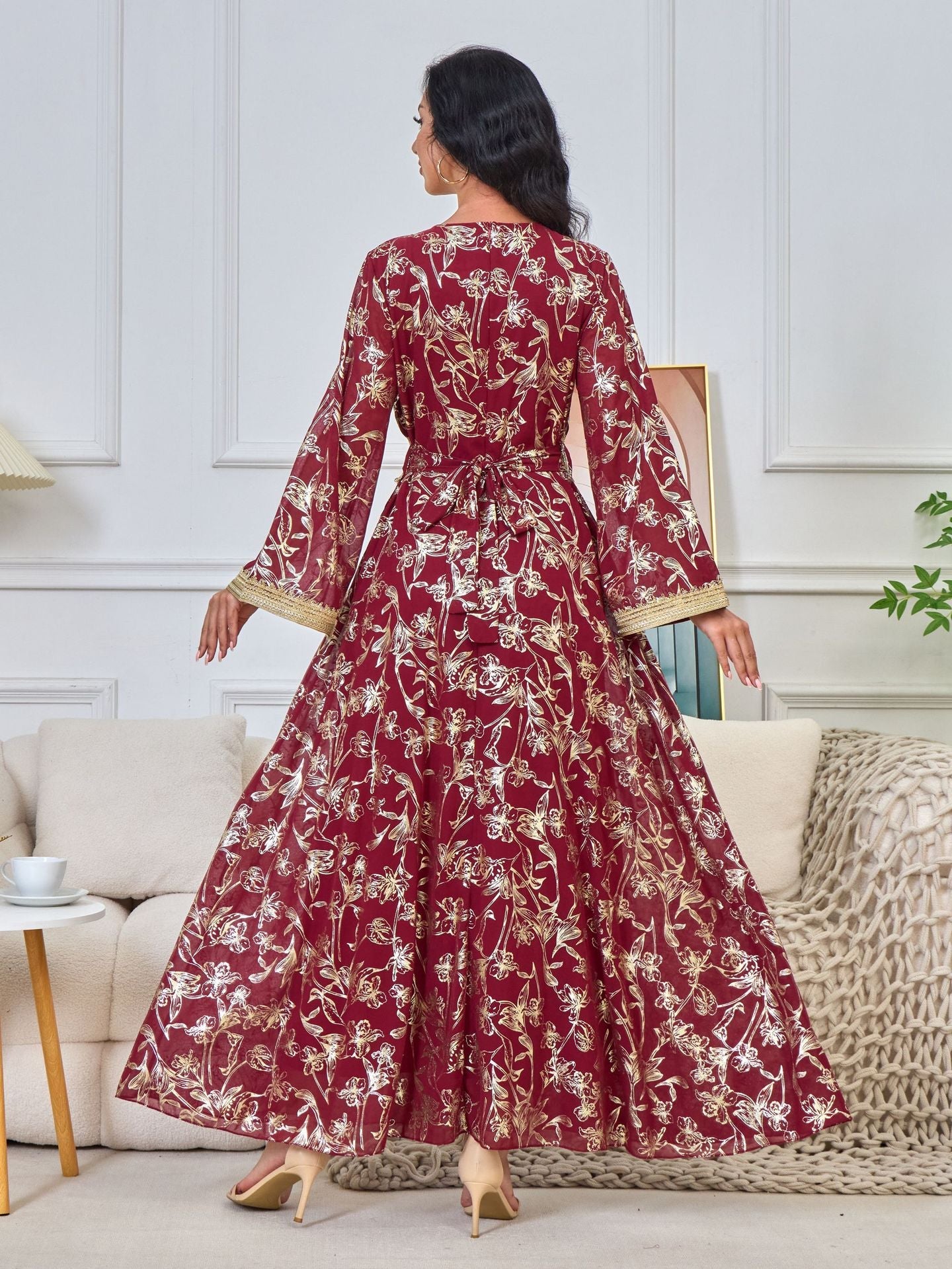 LM1249 Elegant Floral Abaya with Golden Detailing