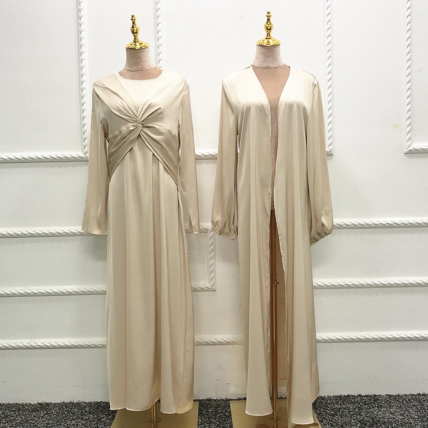 LUMAYA10061 Fashion solid colour two-piece dress cardigan set Abaya