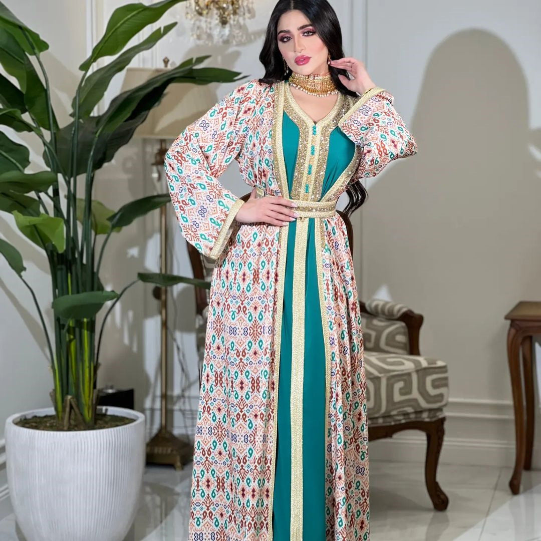 LM6644 Two-piece rhinestone-embroidered robe with understated luxury embroidery design