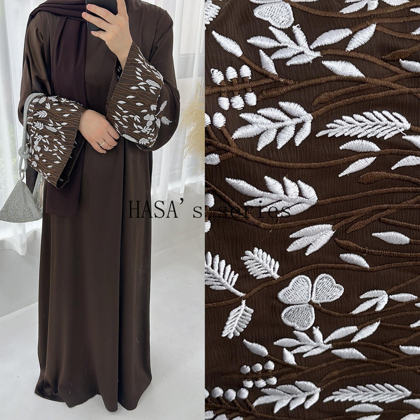 LUMAYA4832 A Long Robe with Leaf-patterned Embroidery, Showcasing Subtle Yet Exquisite Texture.