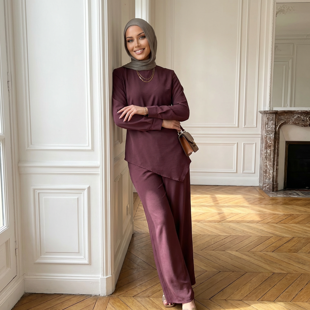 HA6614 Modest Nida Two-Piece Set with Waist Tie & Pocket Trousers