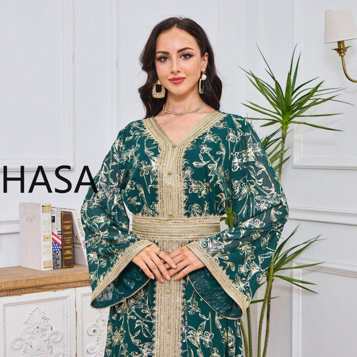 LM1249 Elegant Floral Abaya with Golden Detailing