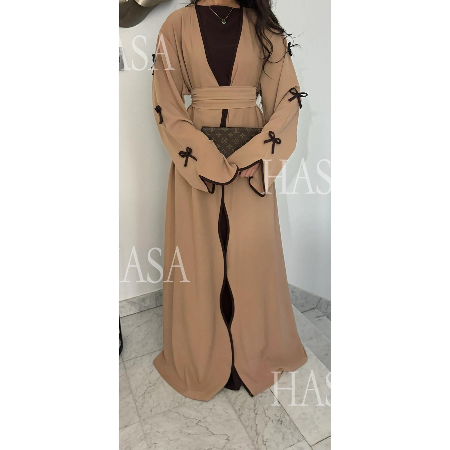 LUMAYA5883  A Two-piece Robe and Skirt Set with A Soft Bow and A Belt Design open abaya outfit