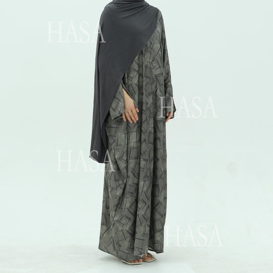 LUMAYA6504 Grey geometric print long cardigan Abaya (headscarf not included)