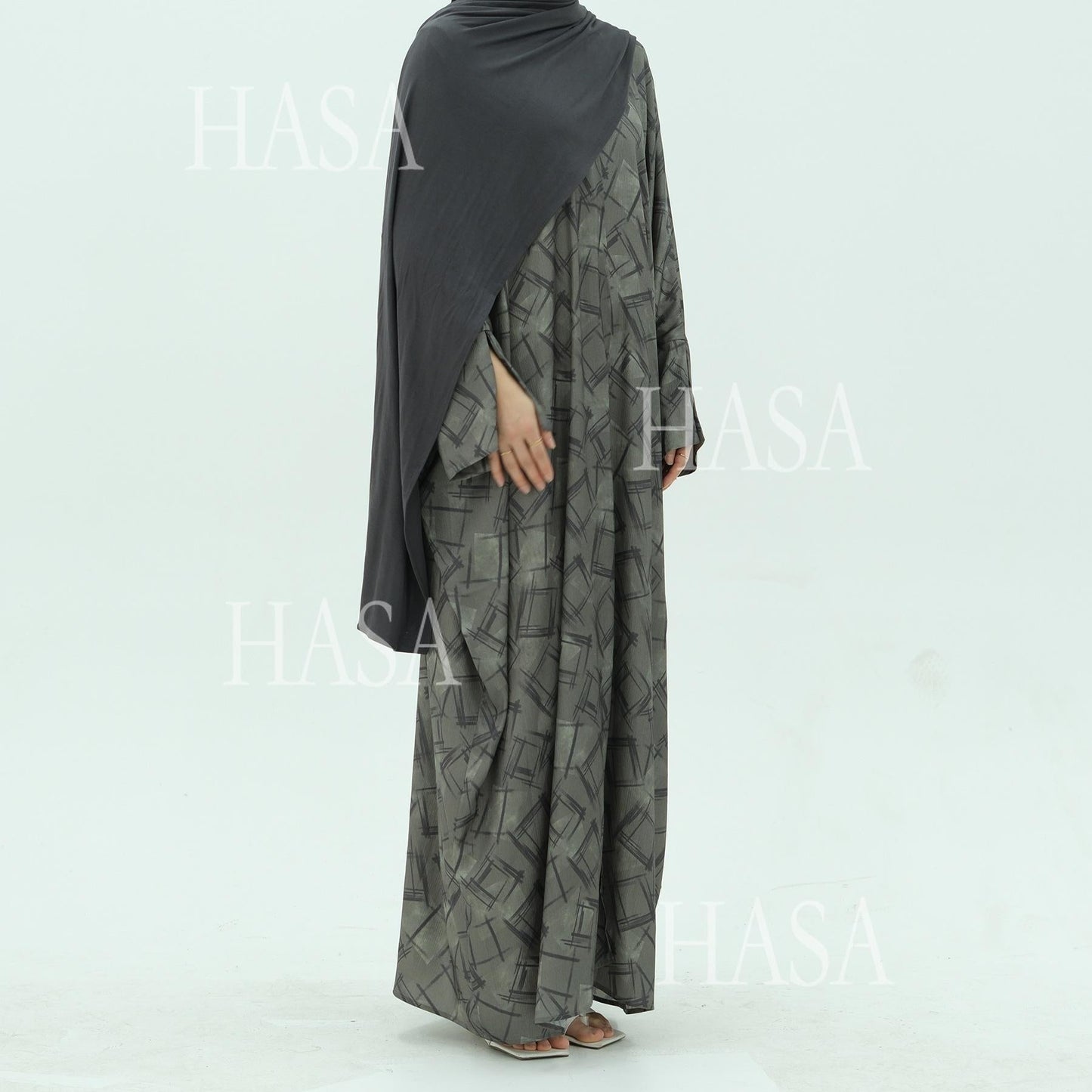LUMAYA6504 Grey geometric print long cardigan Abaya (headscarf not included)