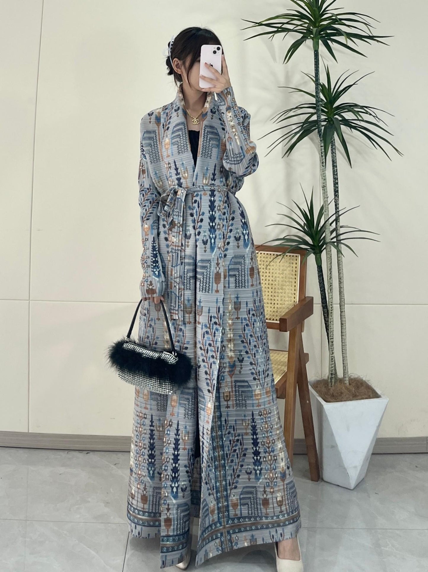LUMAYA5842 Vintage-style Textured Open-front Long Coat