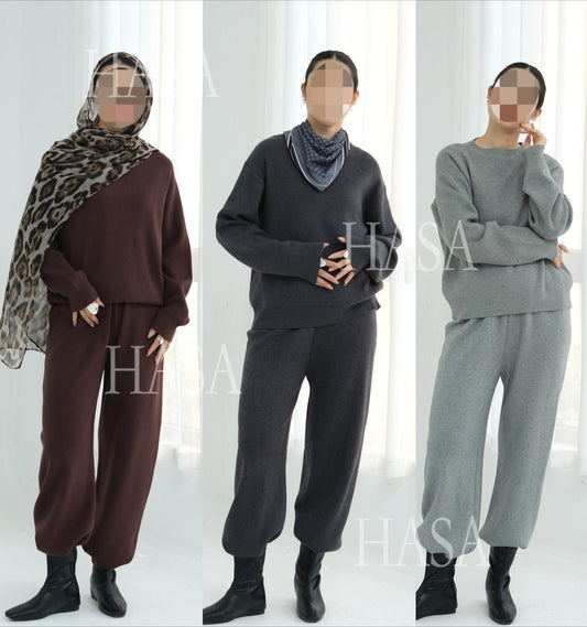 LM6595 Autumn and Winter Thickened Knitted Suit (Not Including Headscarf) | Simple Solid Color Two-Piece Suit