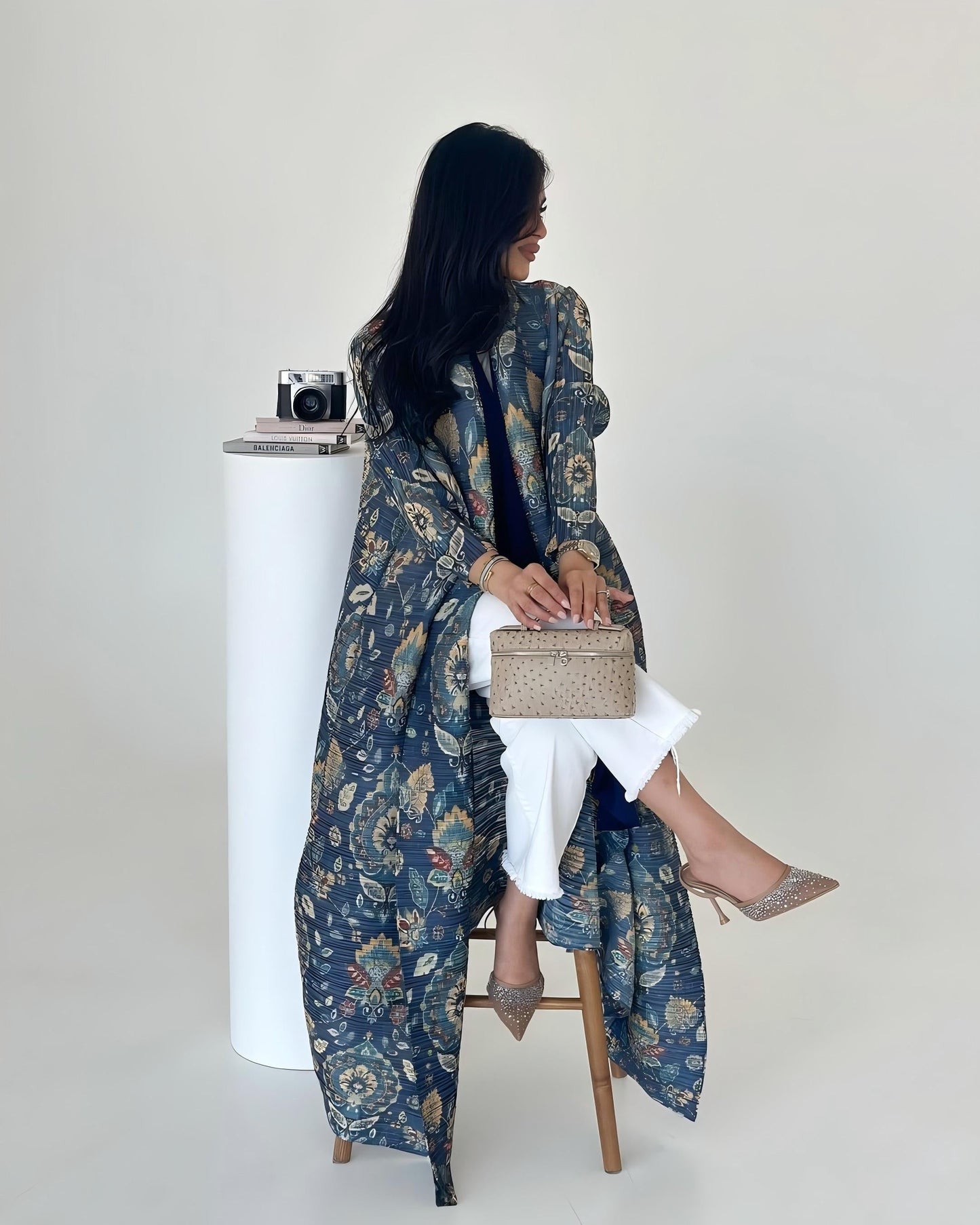 LUMAYA6708 Botanical Elegance , Teal Floral Kimono-Style Abaya