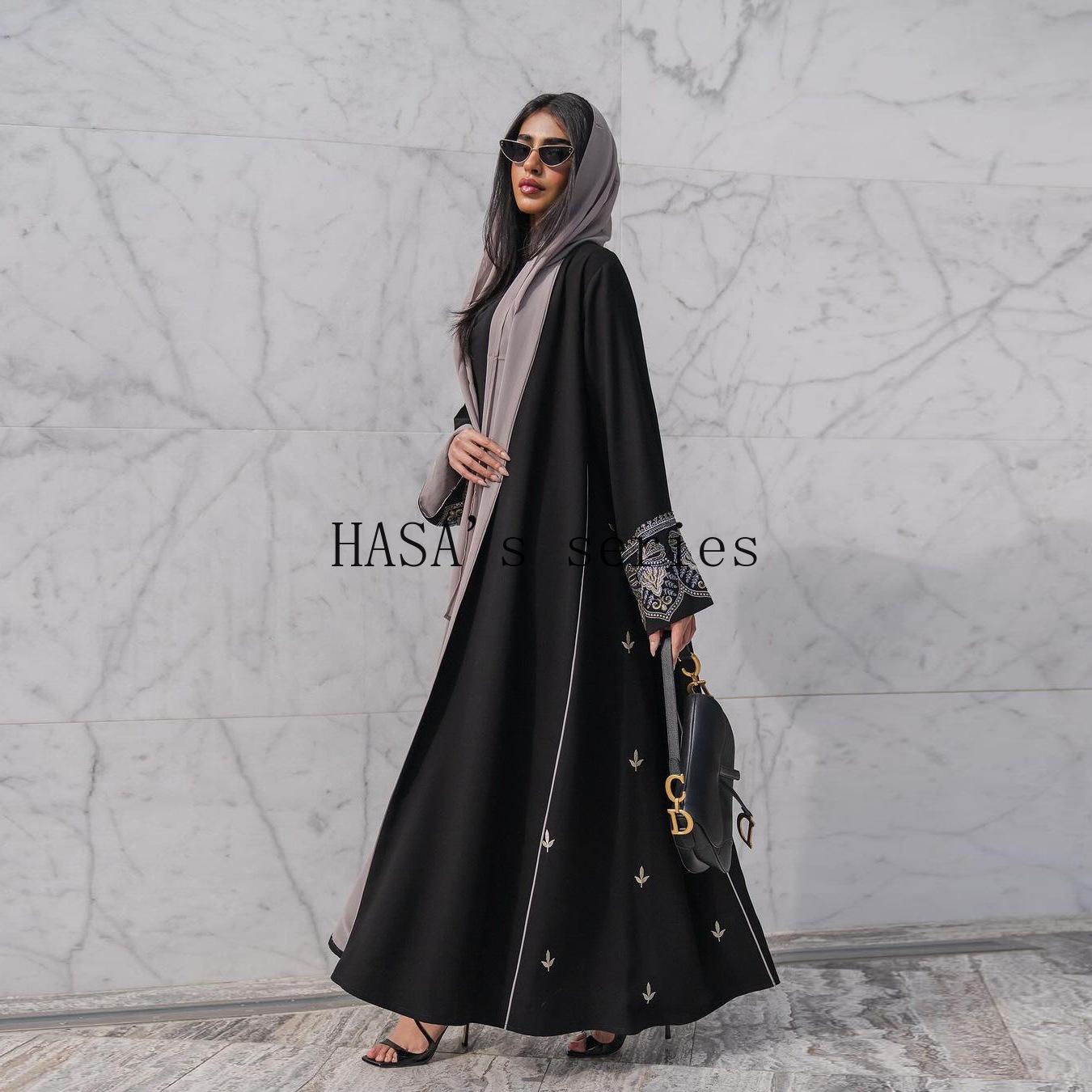 LUMAYA5090 Classic black embroidered patchwork robe, designed as a loose, open-front dress.