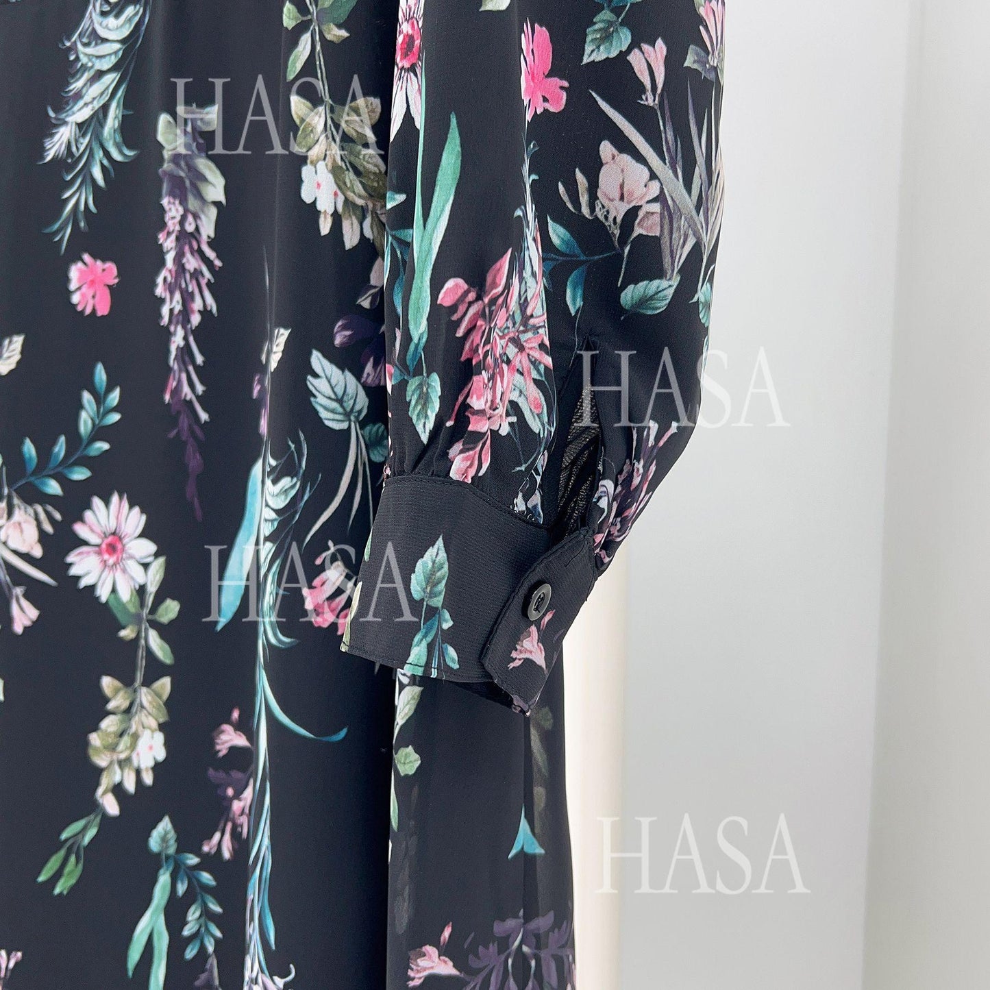 LUMAYA6531 Chiffon Printed Ankle-Length Maxi Dress with Long Sleeves