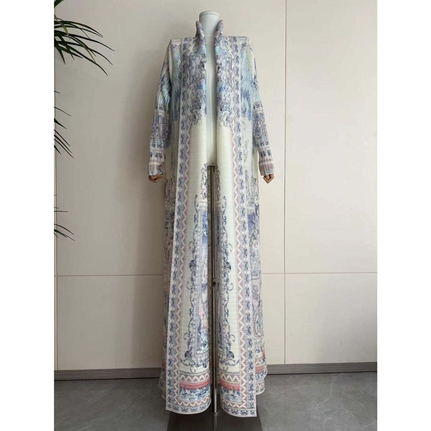 LUMAYA5840 Light-colored, All-over Print, Open-front Long Coat