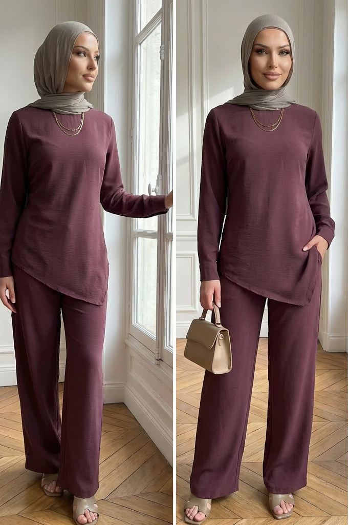 HA6614 Modest Nida Two-Piece Set with Waist Tie & Pocket Trousers