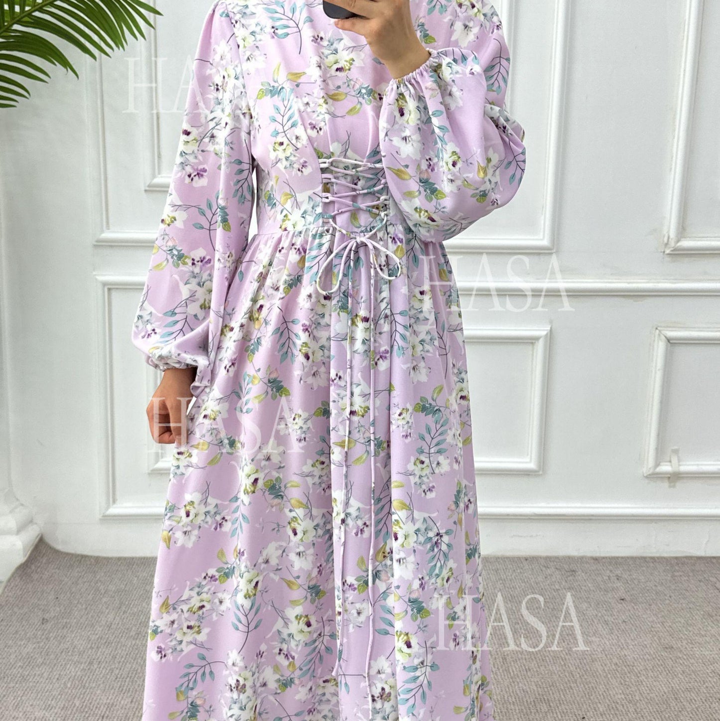 LUMAYA6489 Long-sleeved Floral Maxi Dress with Natural Waist