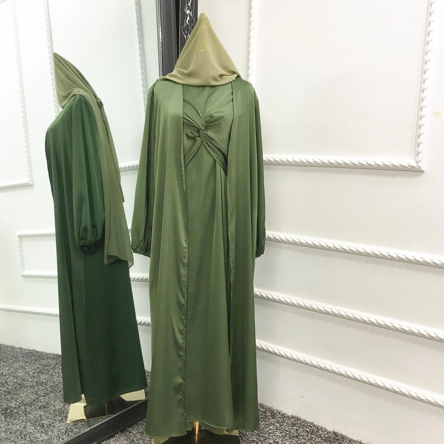 LUMAYA10061 Fashion solid colour two-piece dress cardigan set Abaya