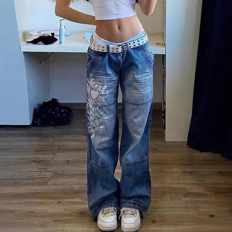 LUMAYA6382 Street Style Women's Clothing Irregular Printing Loose Trousers Low Waist Folds Washed for Old Multi-colored Jeans