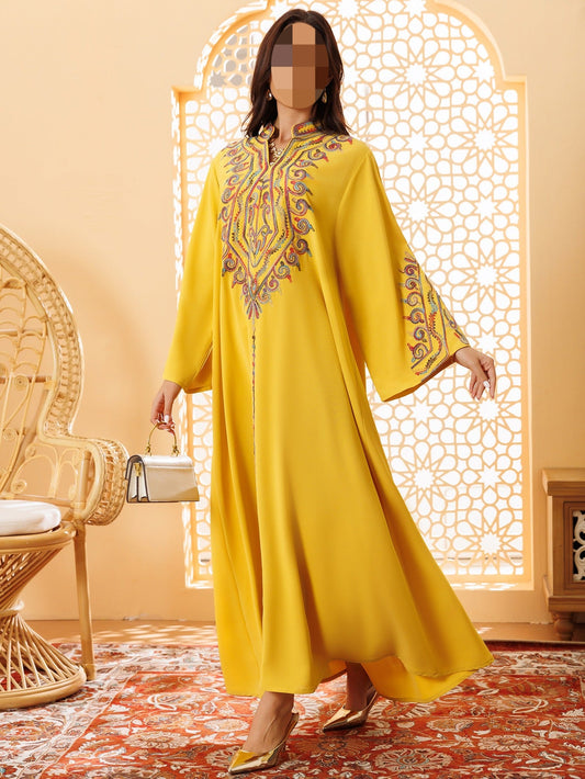 HA6669 Pullover Embroidered Robe Dress with Simple Long Sleeves