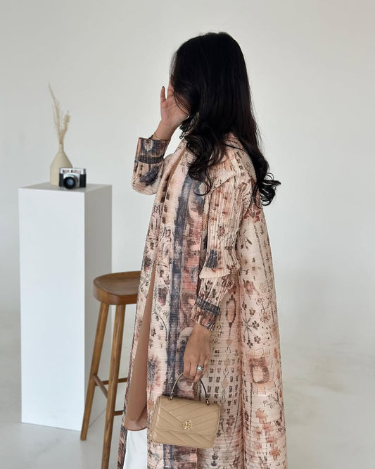 HS6728 Vintage Blush  Pink & Beige Printed Abaya with Artistic Motifs