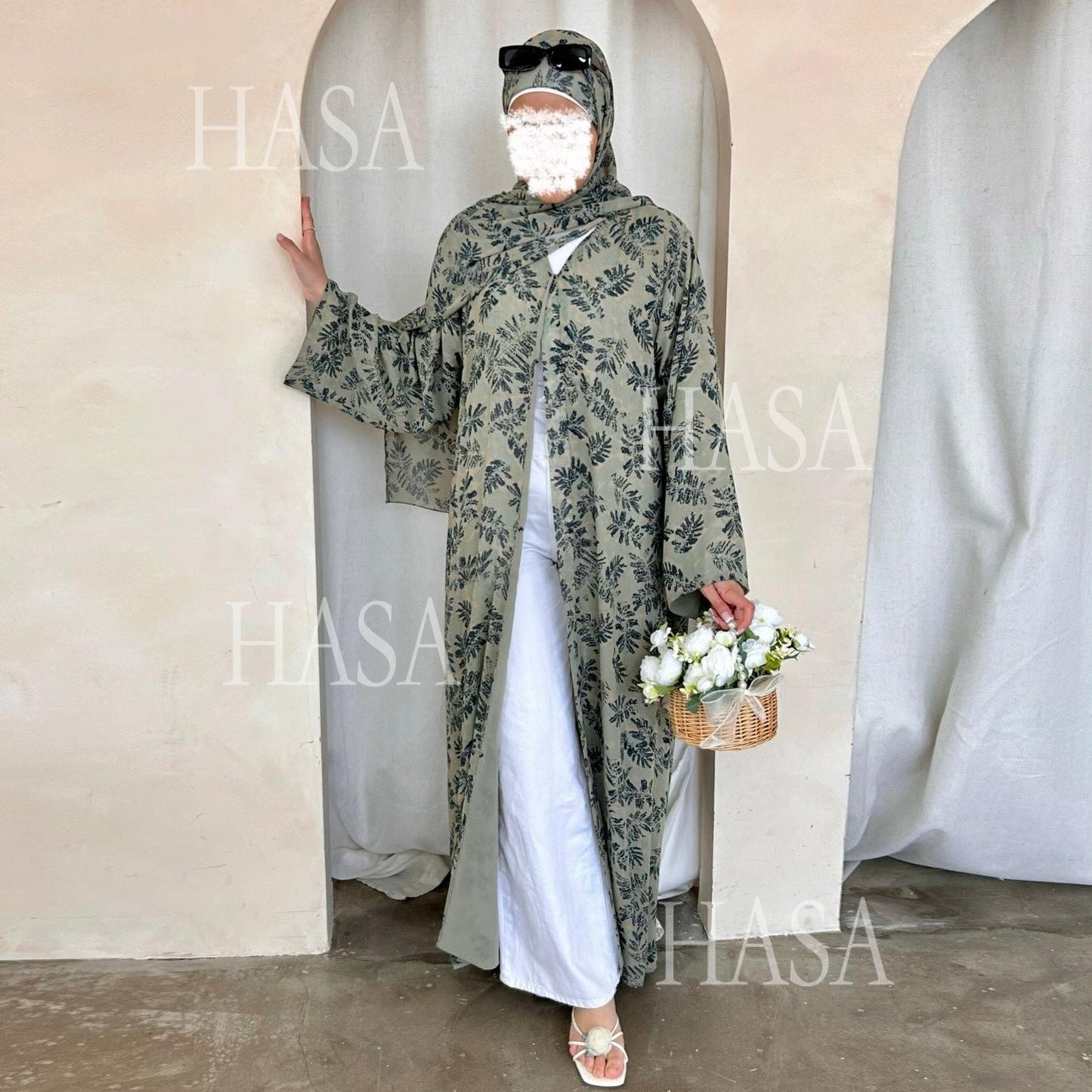 LUMAYA6515 Summer Printed Chiffon Jacket and Headscarf Two-Piece Set