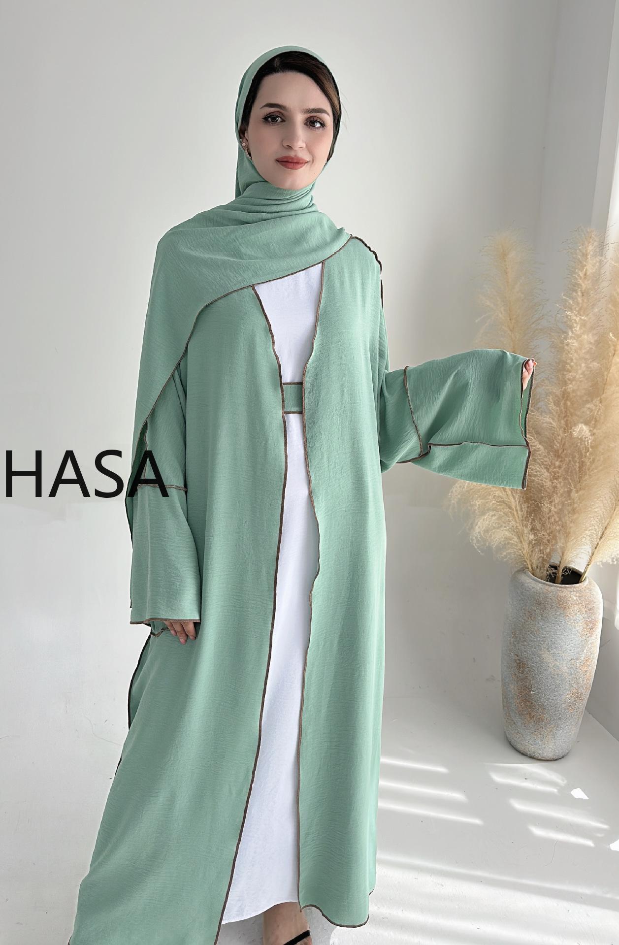 LMSA LM1246H 2 PCS SET Crepe Solid Color Loose Hem Cardigan Robe with Hijab