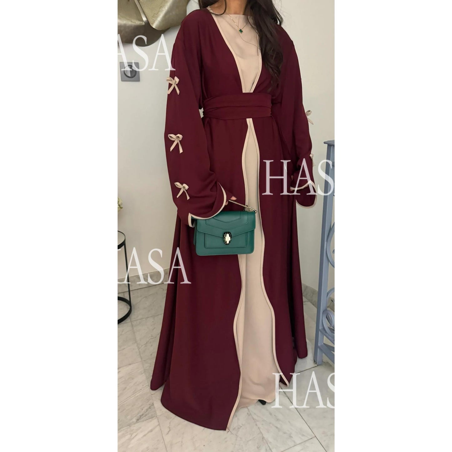 LUMAYA5883  A Two-piece Robe and Skirt Set with A Soft Bow and A Belt Design open abaya outfit