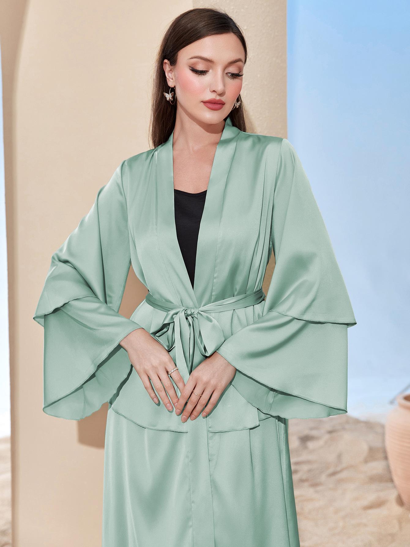 LUMAYA LUMAYA0480 Elegant Satin Silk Fabric Three Layer Open Abaya with Two Layer Sleeves