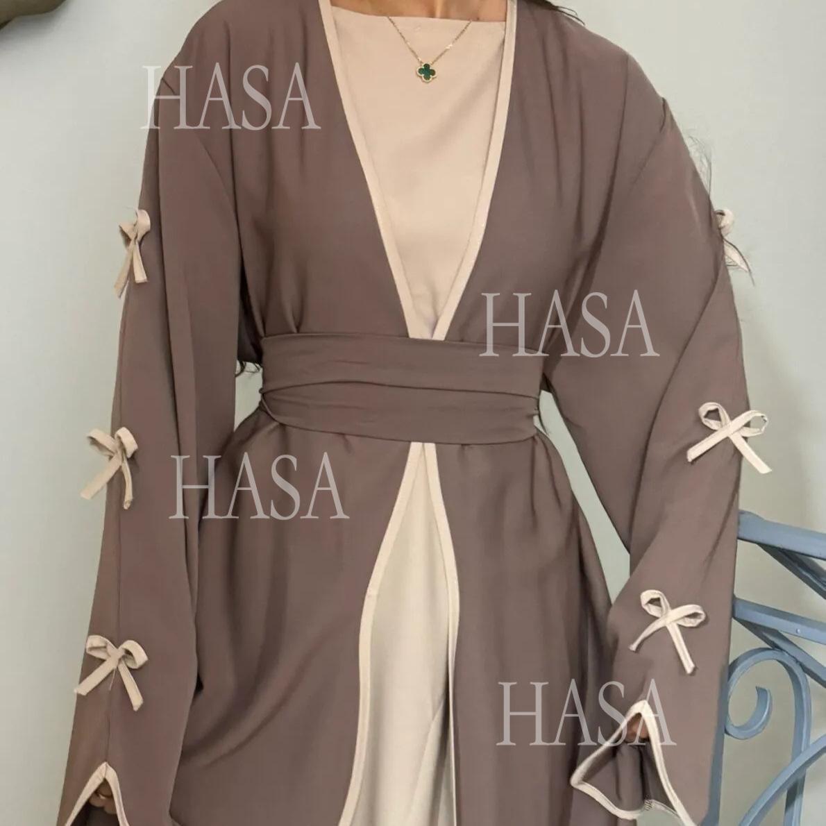 LUMAYA5883  A Two-piece Robe and Skirt Set with A Soft Bow and A Belt Design open abaya outfit