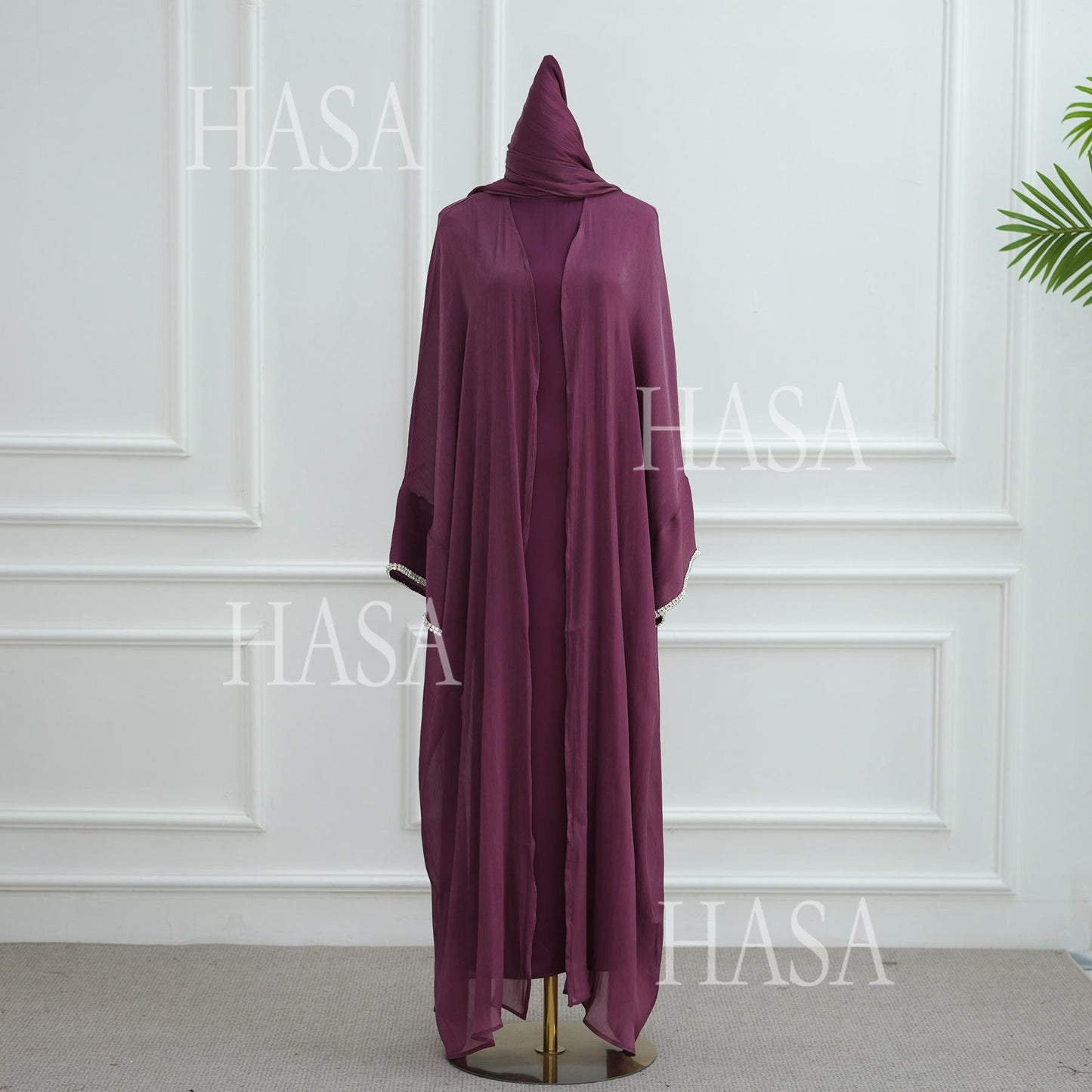 LUMAYA6553  Two-Piece Solid Abaya with Beaded Details and Matching Scarf Option