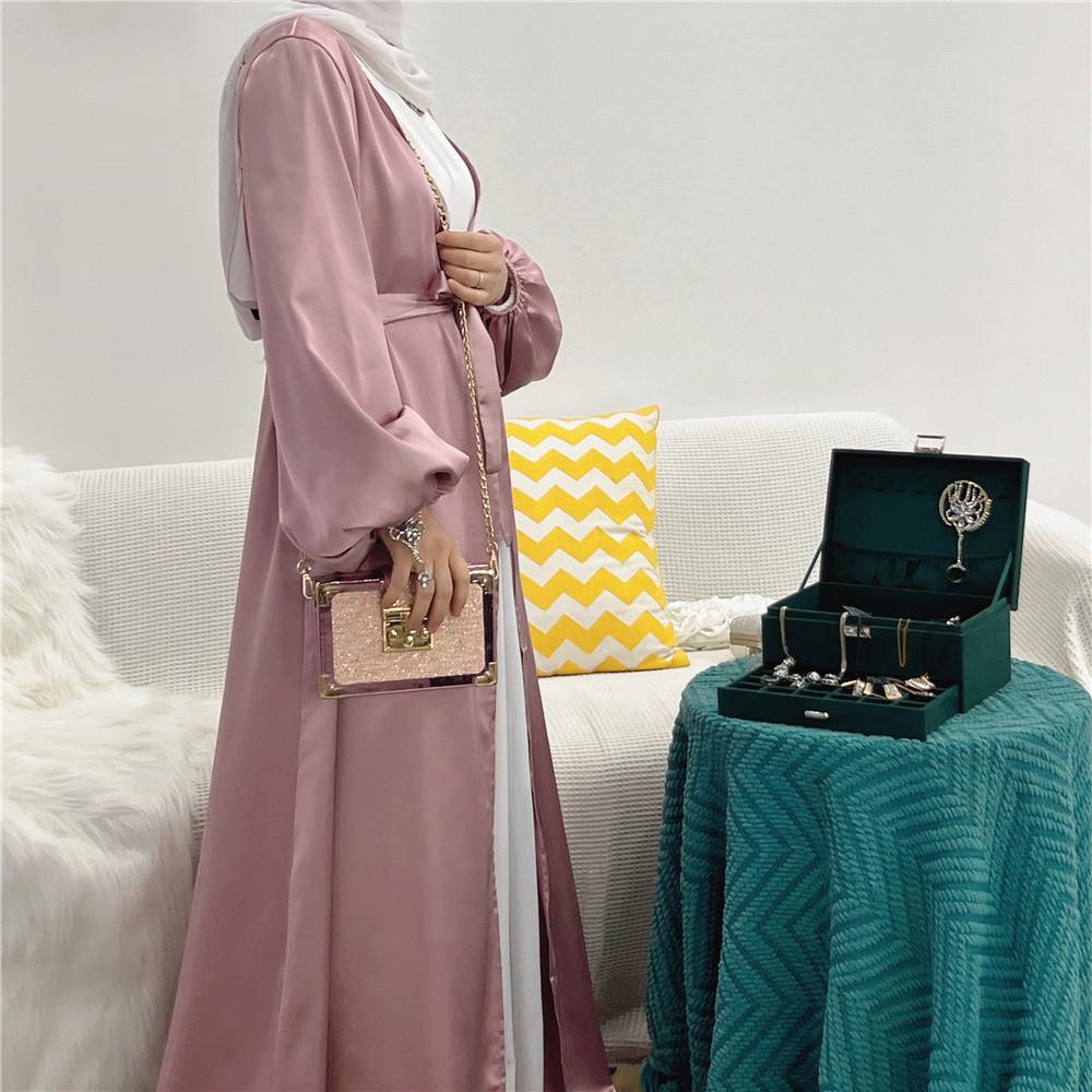LUMAYA0481 Solid Color Satin Coat Robe Open Abaya