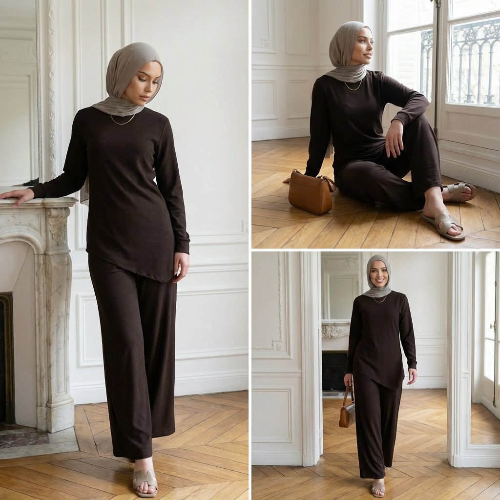 HA6614 Modest Nida Two-Piece Set with Waist Tie & Pocket Trousers