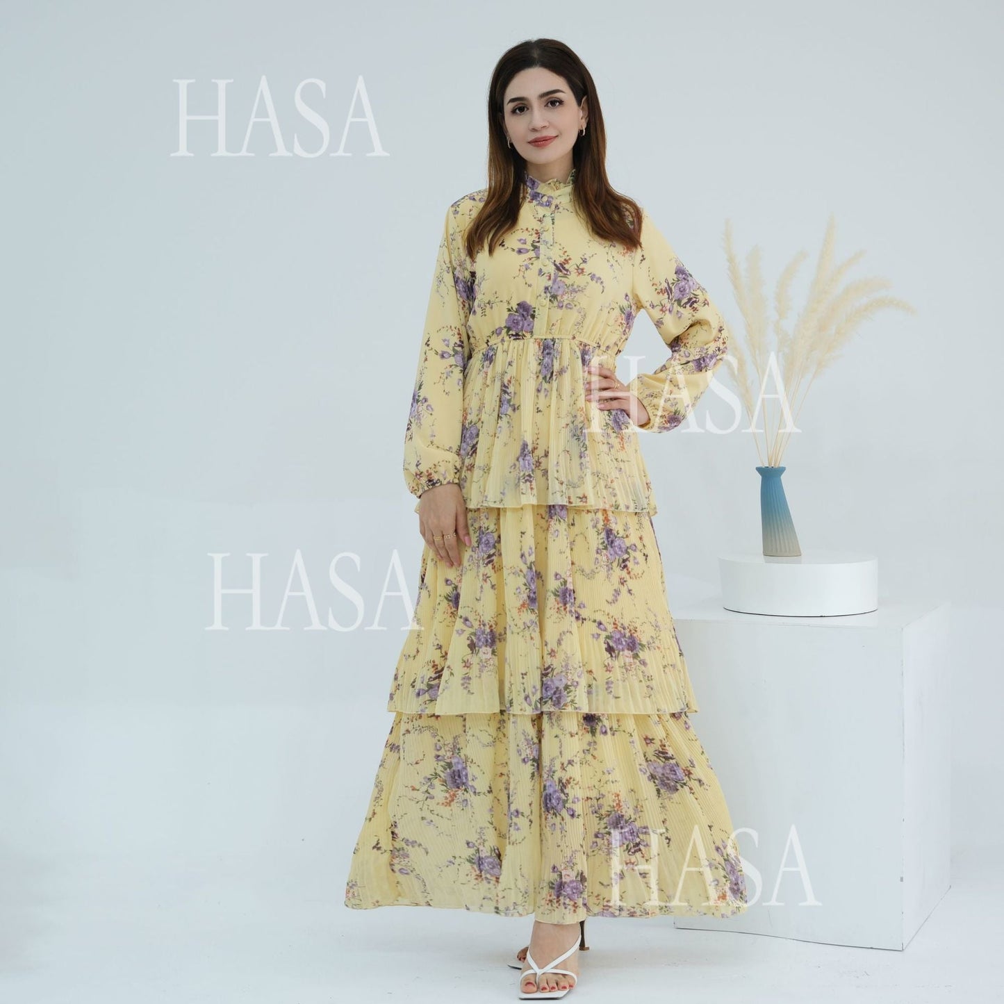 LUMAYA6500  Romantic Layered Print Long Dress