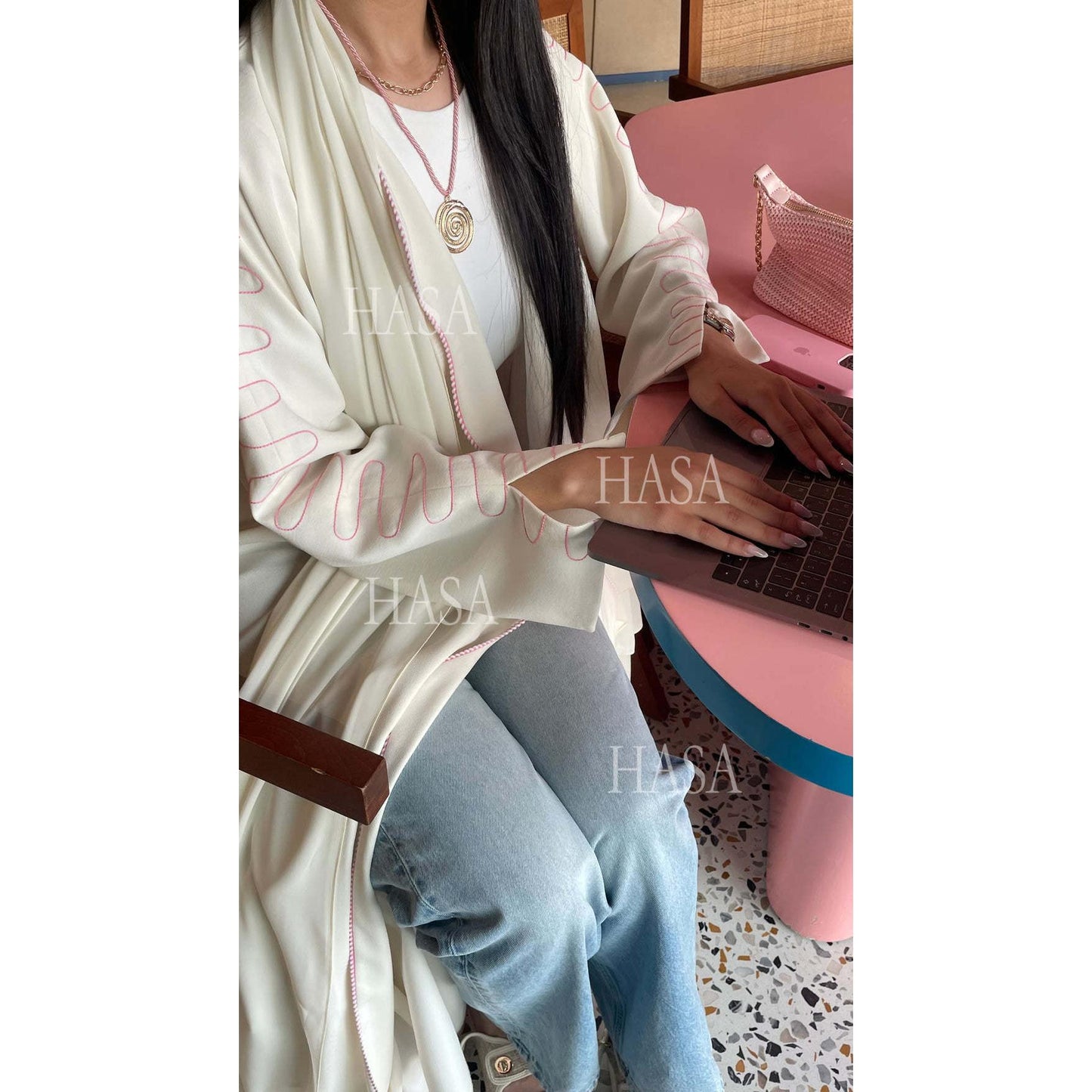 LMSA's Series LM6582 Abaya Women's Long Embroidered Cardigan Jacket with Wavy Edges
