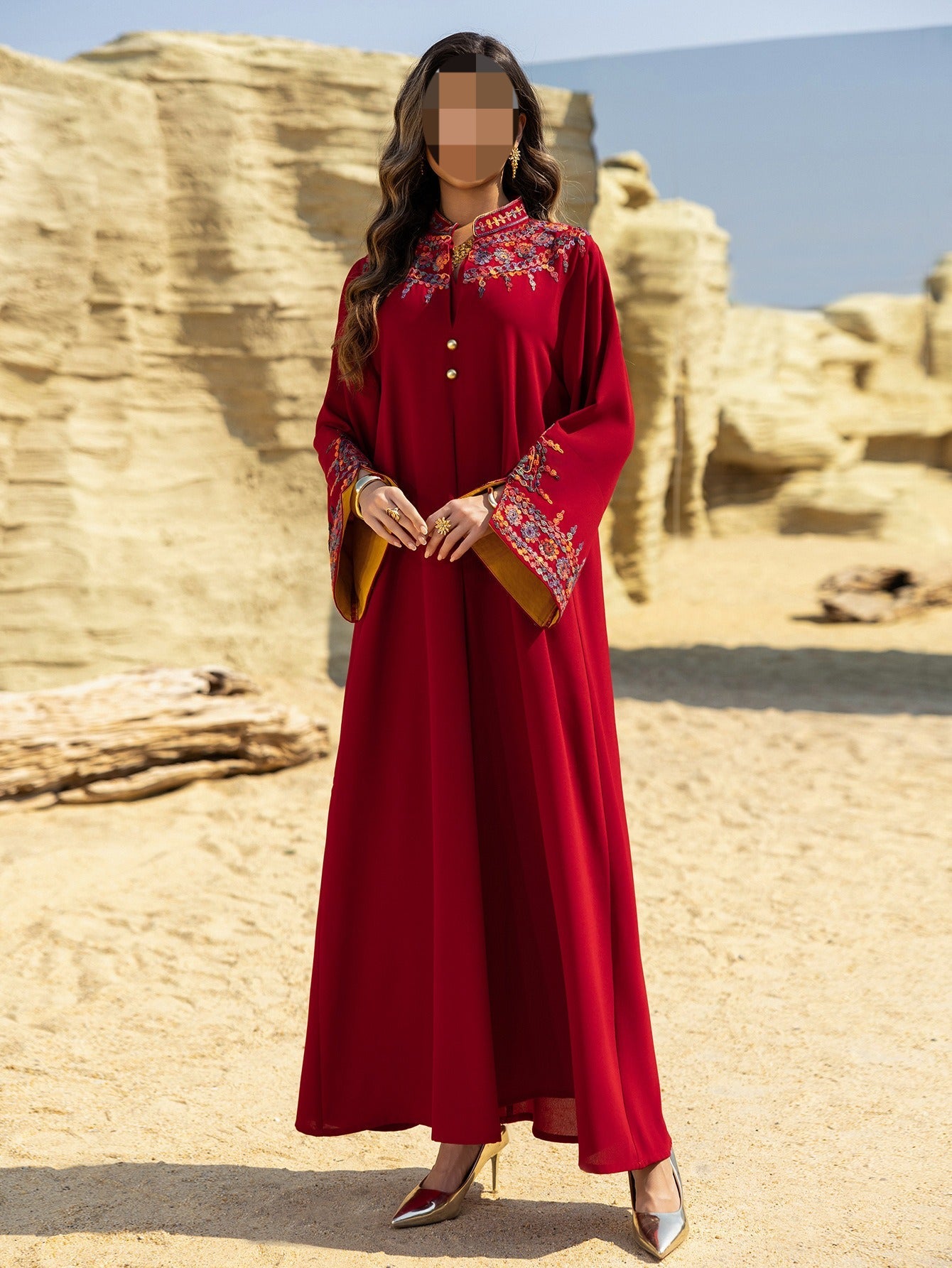 LM6655 Embroidered loose-fitting long dress | Soft drape and delicate cuff design
