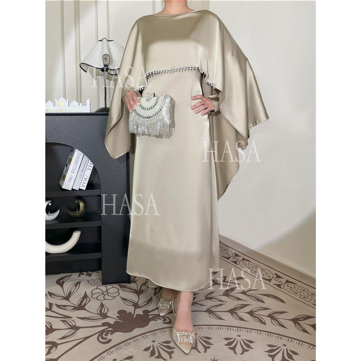 LM6570 Elegant Cape-style Satin Dress Robe for Women