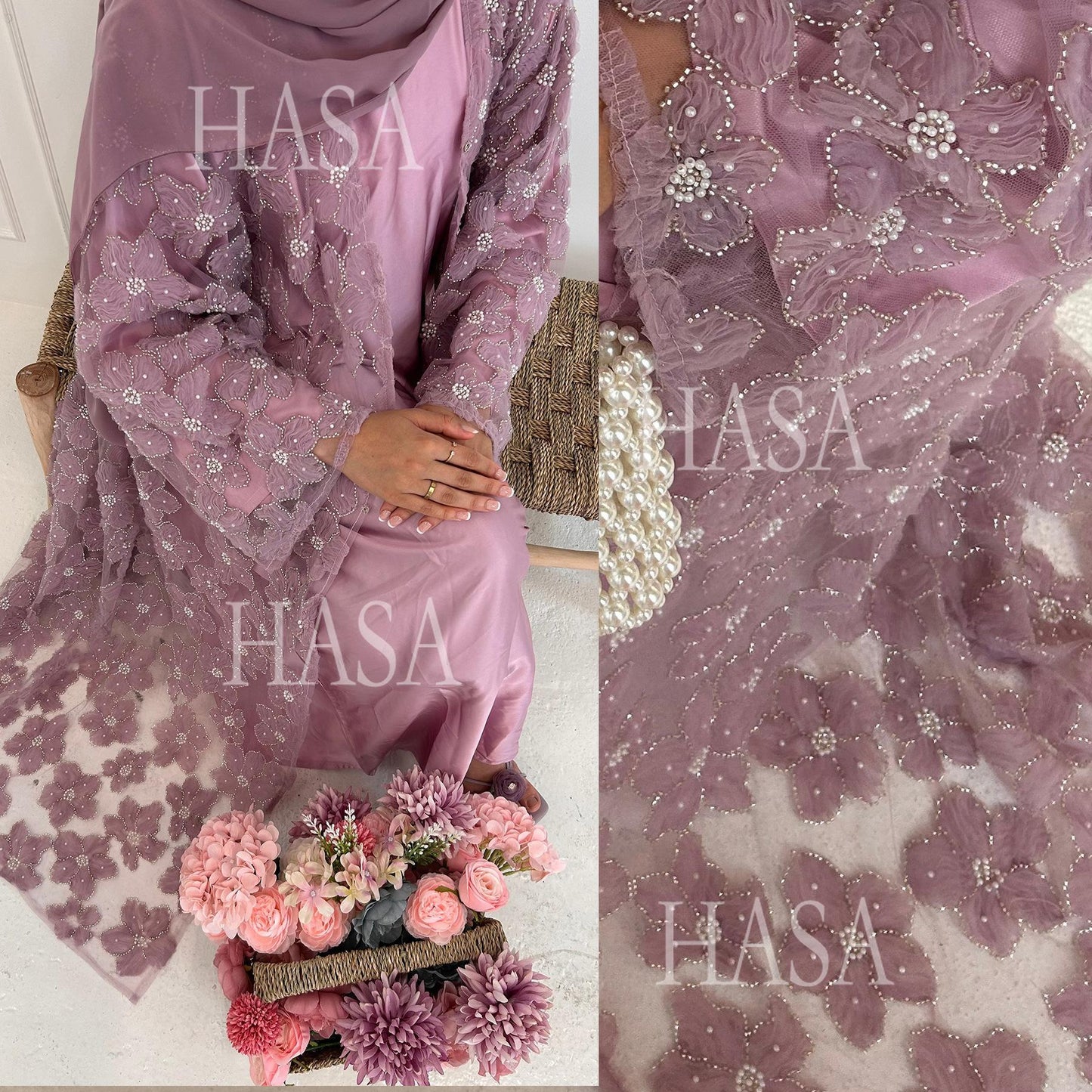 LUMAYA6625 Dreidimensionale, Perlenbesetzte Strickjacke Mit Blumenmuster, Die Mit Einer Inneren Schicht Oder Einem Kopftuch Kombiniert Werden Kann.