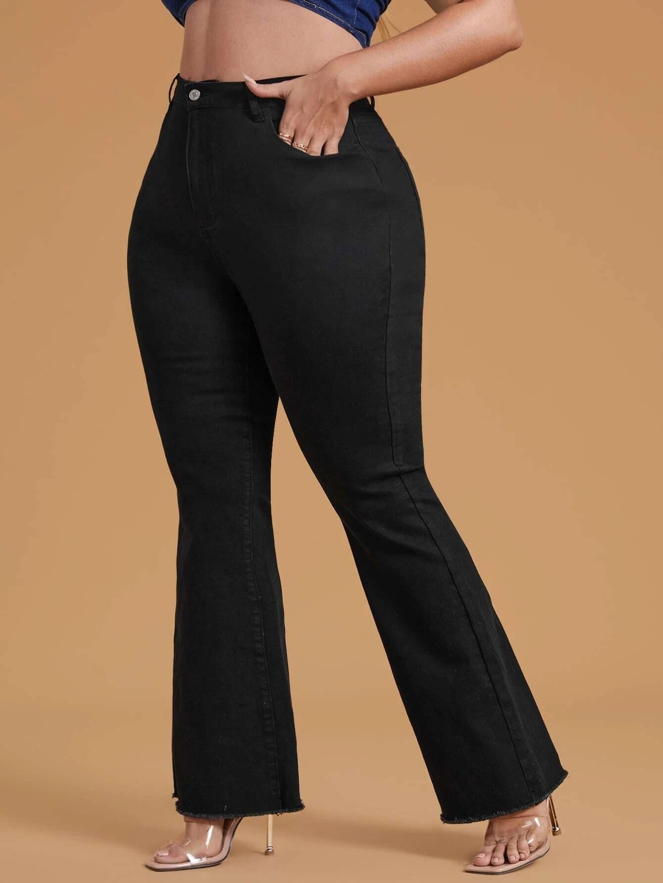 LUMAYA2331 Plus Size Black Stretchy Frayed-hem Wide-leg Flare Jeans