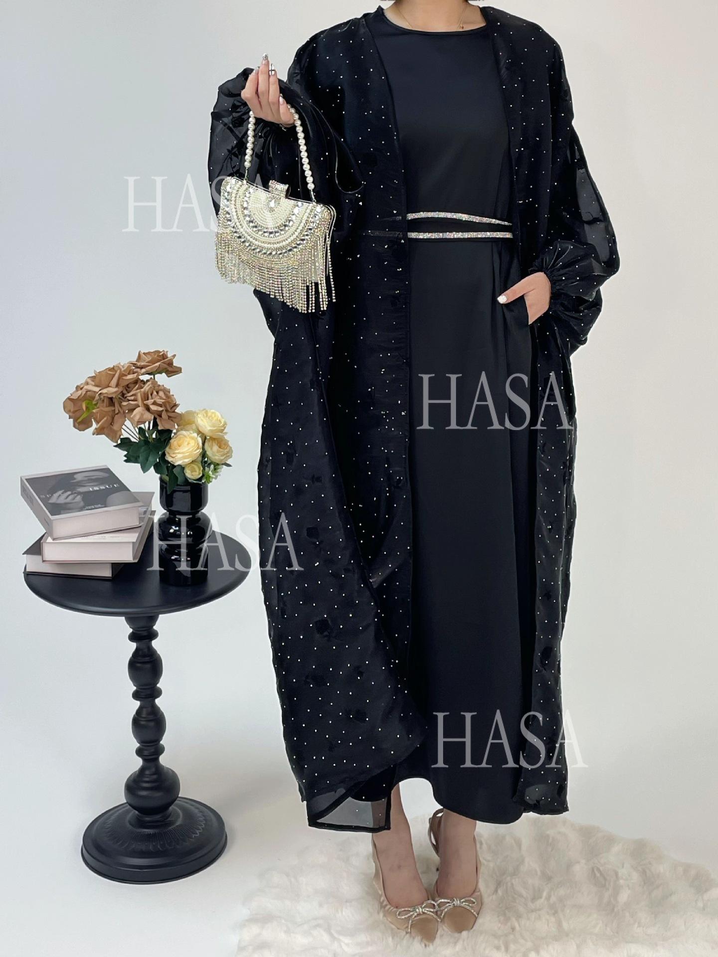 LUMAYA6536 Elegant Rose Pattern Abaya Outer Dress Set