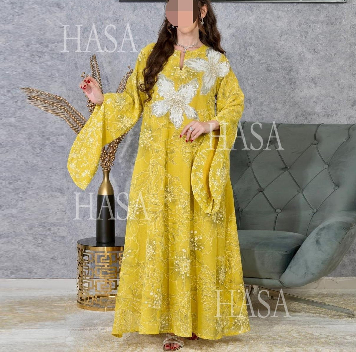 LM6639 Floral Appliqué Embroidered Long Dress