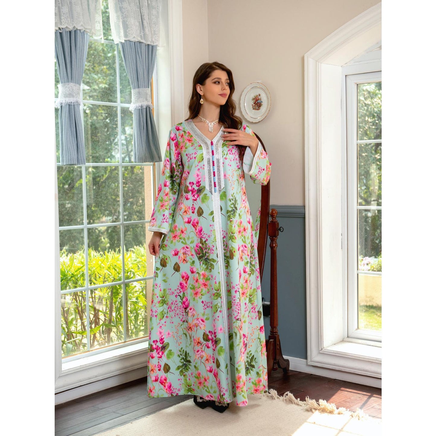LUMAYA LUMAYA1075 Abaya Robe New Printed Rhinestone Dress