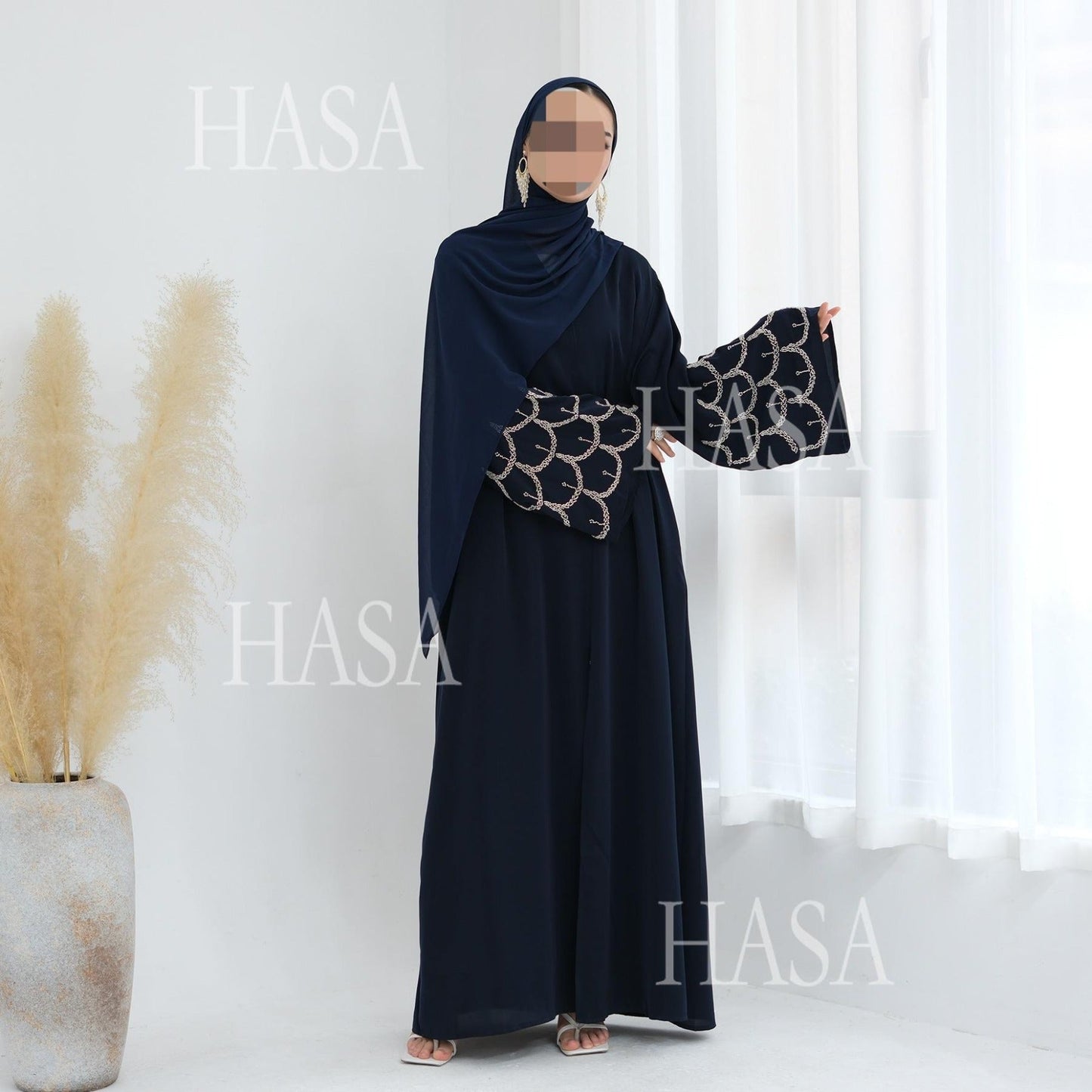 LM6608 Solid Color LMnd-beaded Long Cardigan (headscarf Not Included)