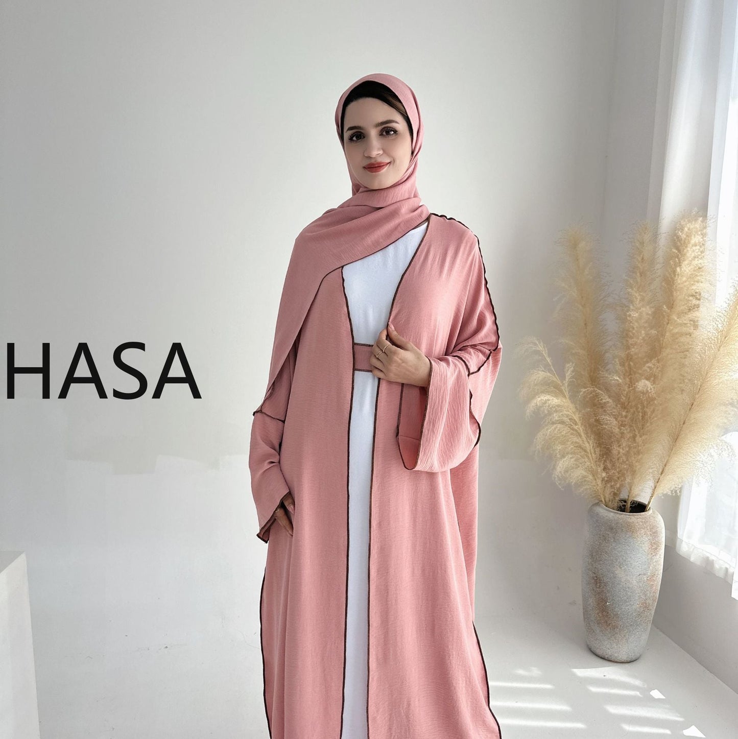 LMSA LM1246H 2 PCS SET Crepe Solid Color Loose Hem Cardigan Robe with Hijab