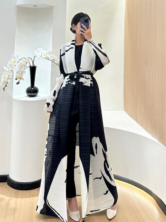 HS6726  White Abstract Belted Abaya with Artistic Prints