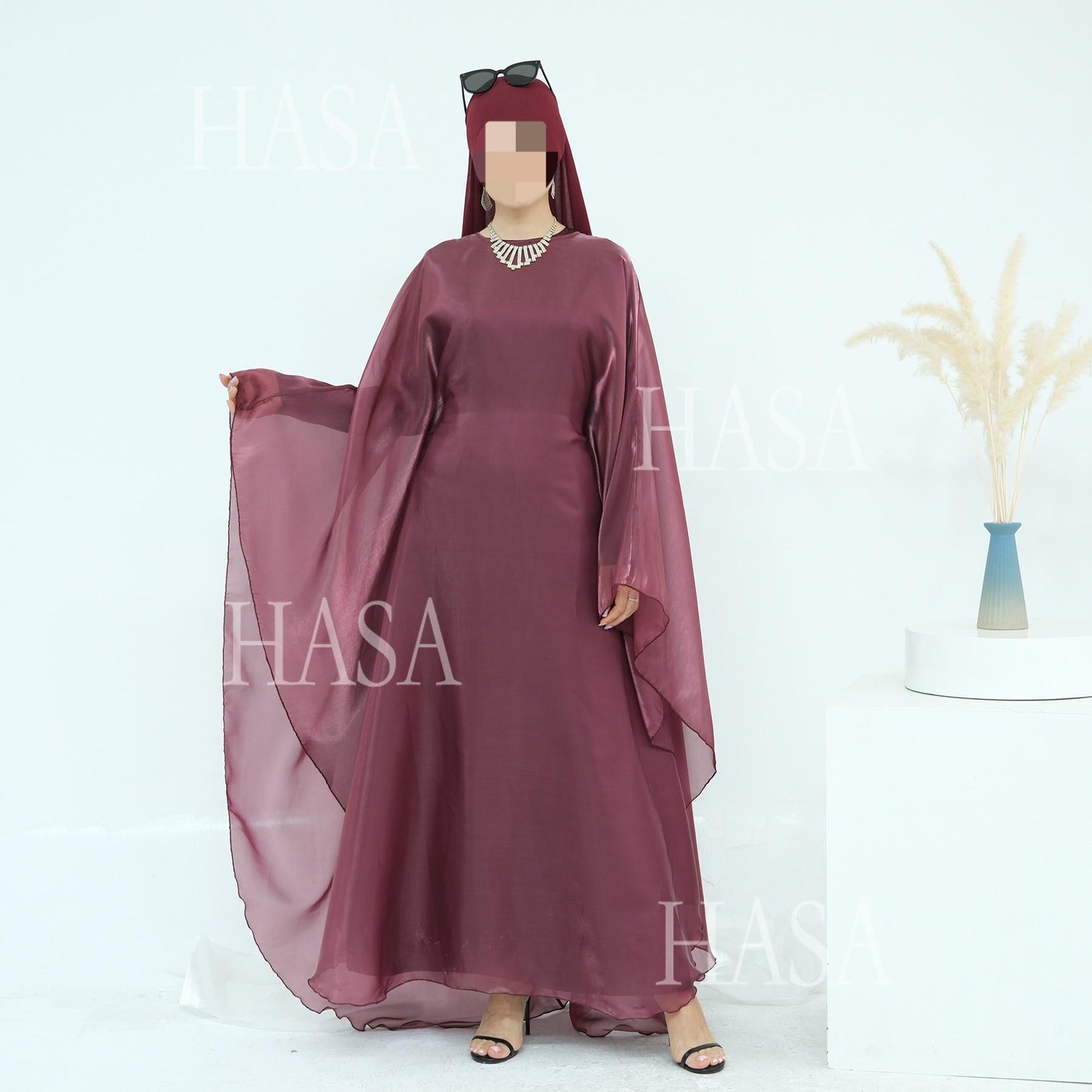 LUMAYA6524 Elegant two-piece solid-color robe and dress with optional headscarf
